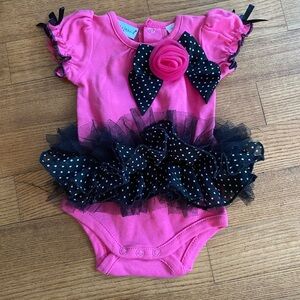babyrageous Newborn Girl Pink and Black Polka Dot Bodysuit with attached ruffles